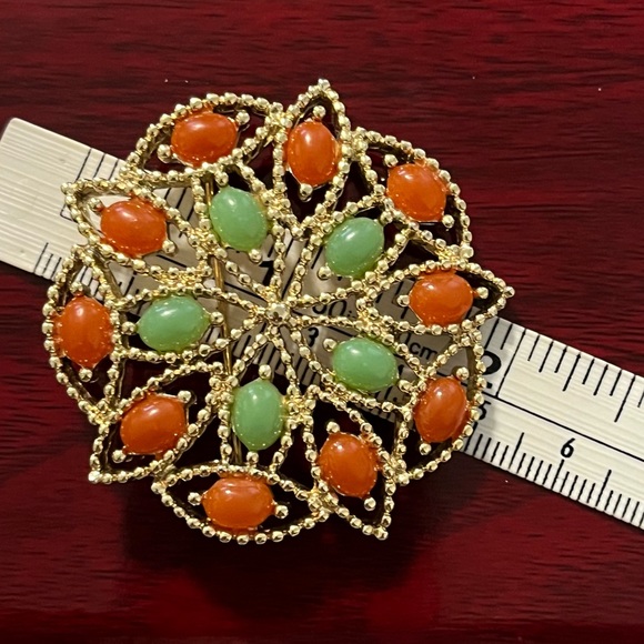 Sarah Coventry Orange & Green Cabochon Brooch - Picture 7 of 12
